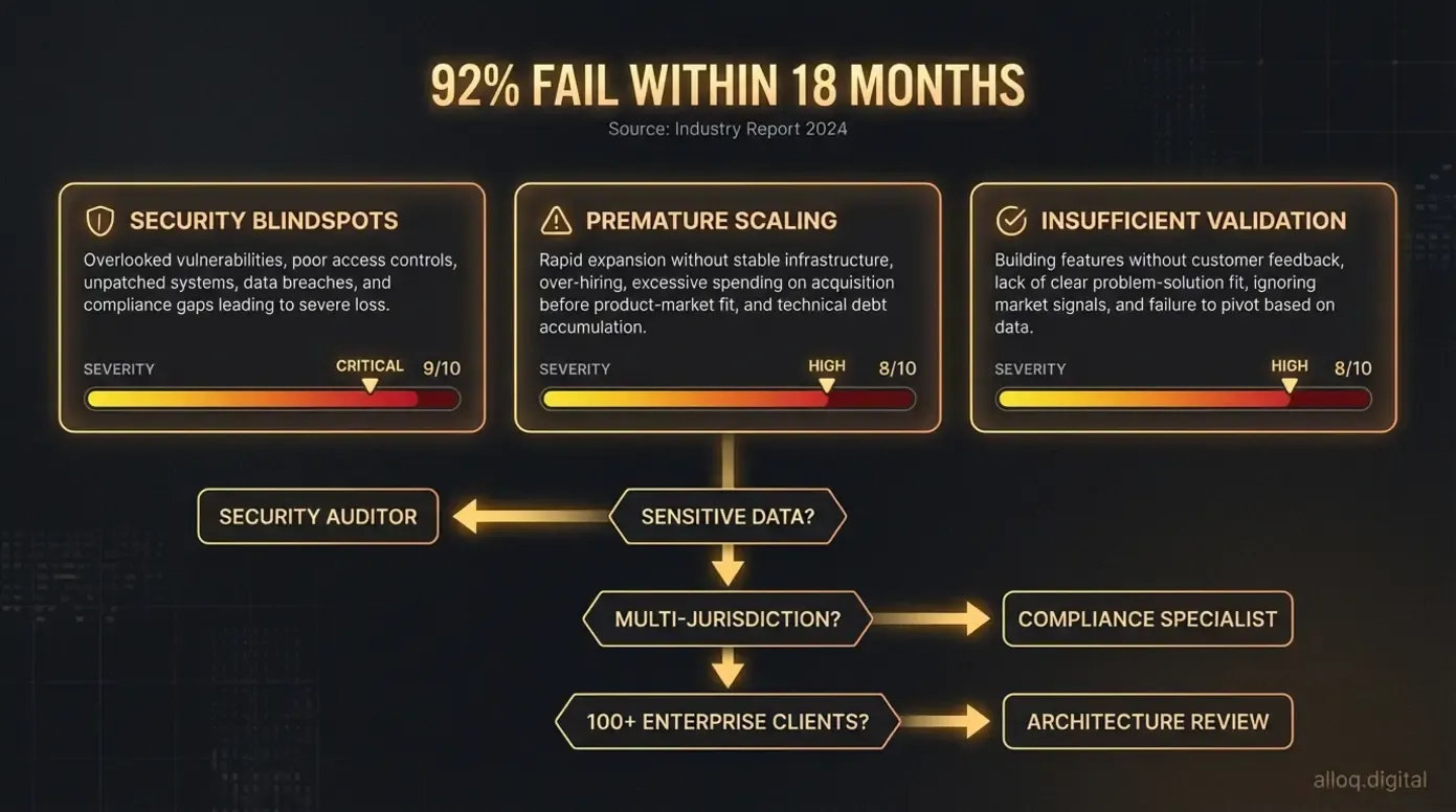 SaaS risk matrix showing security blindspots, premature scaling, and validation failures with 92% failure statistic