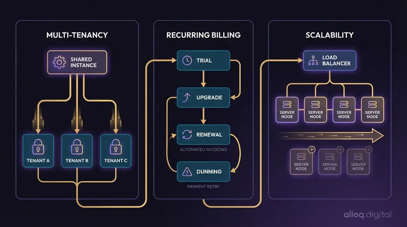 SaaS architecture diagram showing three pillars: multi-tenancy, recurring billing, and horizontal scalability