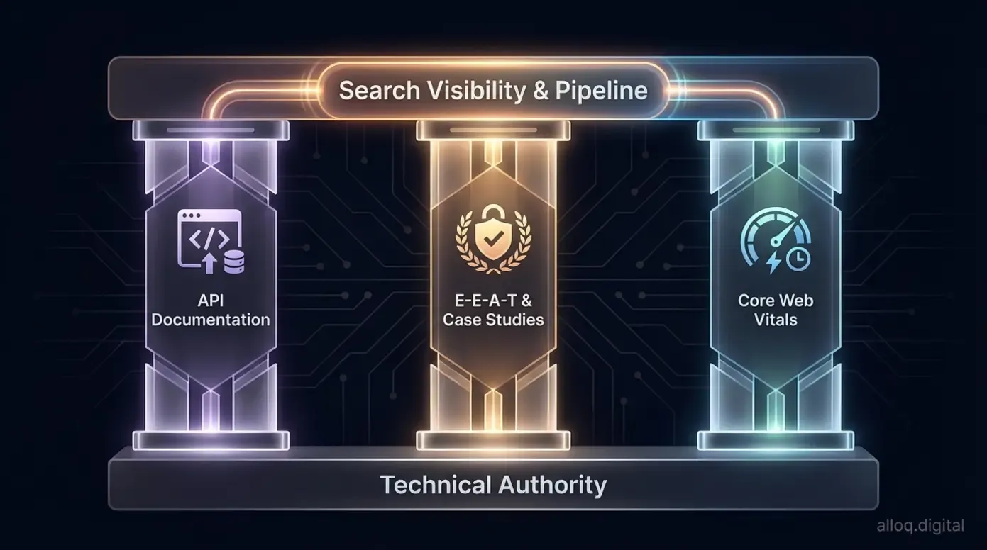 Three-pillar diagram showing API documentation, E-E-A-T, and Core Web Vitals as technical authority foundations