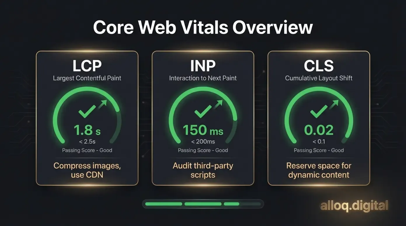 Core Web Vitals dashboard showing LCP, INP, and CLS metrics with target thresholds and optimization actions