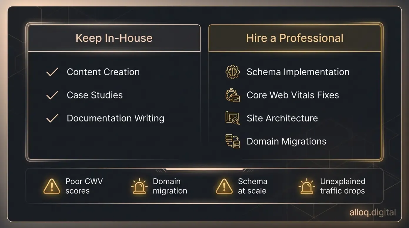 Decision matrix comparing in-house SEO tasks versus when to hire a professional for technical work