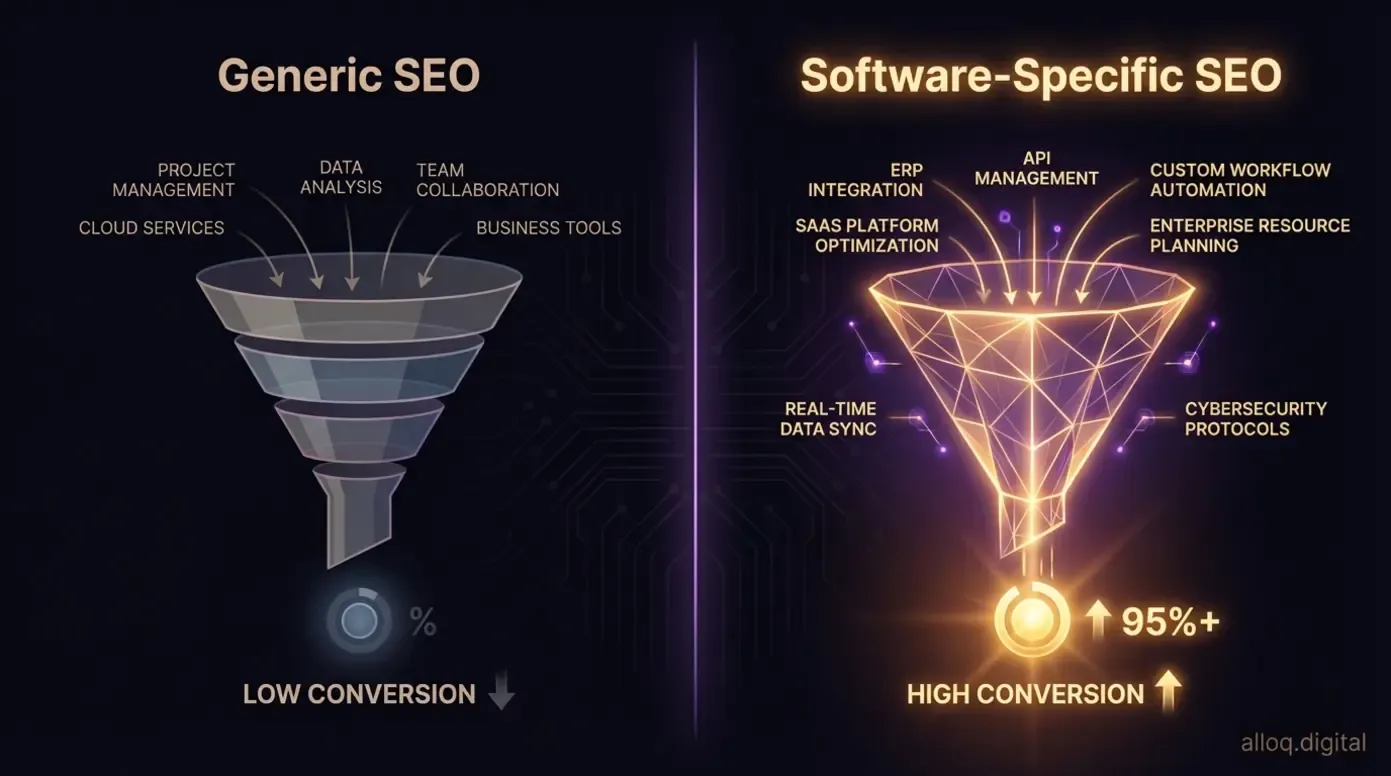 Comparison diagram showing generic SEO versus software-specific SEO strategy approaches and outcomes