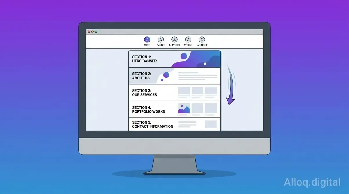 Single-Page-Website auf Desktop-Monitor mit sichtbarer Ankerlink-Navigation und vertikal scrollbaren Sektionen