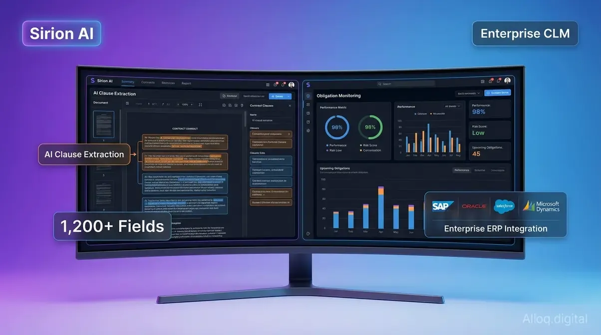 Sirion AI enterprise contract management platform dashboard showing AI clause extraction and obligation monitoring