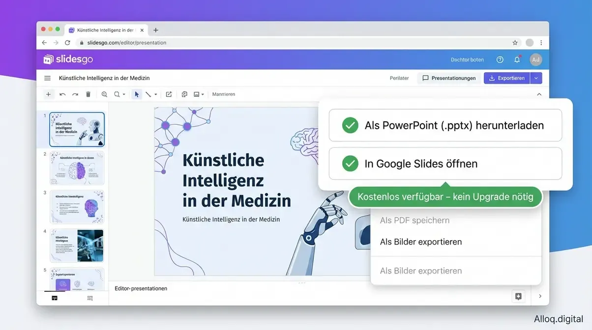 Slidesgo Exportmenü mit kostenlosen Download-Optionen für PowerPoint und Google Slides