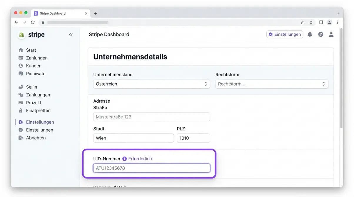 Stripe-Dashboard Unternehmensdetails mit Österreich-Auswahl und UID-Nummer-Feld