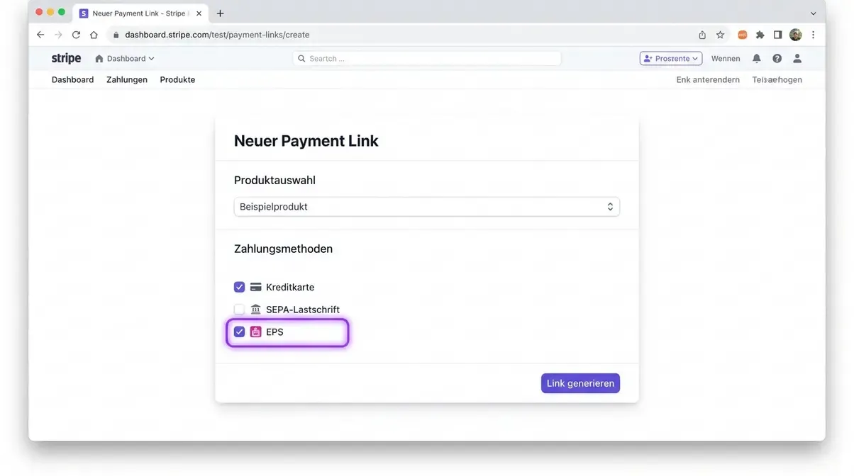 Stripe Payment-Link-Erstellungsmaske mit ausgewählten Zahlungsmethoden inklusive EPS