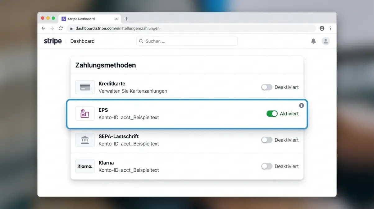 Stripe Zahlungsmethoden-Einstellungen mit aktivierter EPS-Option für österreichische Shops