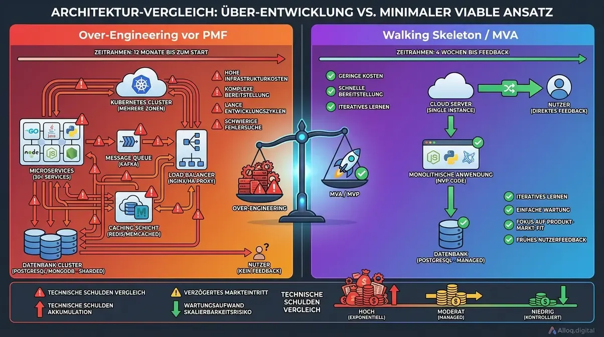 Visualisierung technischer Schulden durch Over-Engineering versus schlanke Minimum Viable Architecture beim MVP-Aufbau