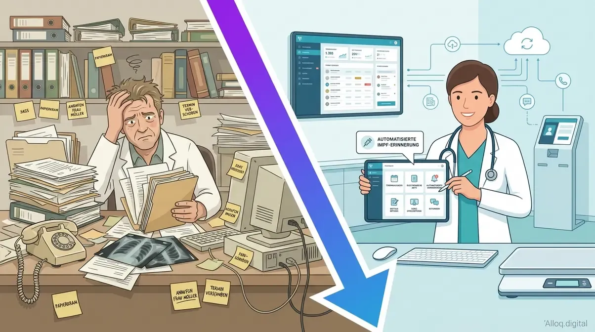 Vergleich analoger Praxisverwaltung und moderner Praxissoftware für Tierärzte — Digitalisierungsdruck visualisiert