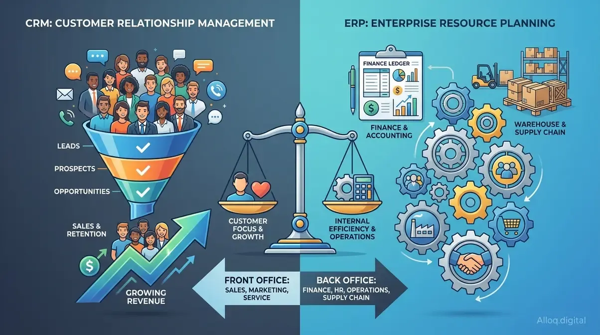 Unterschied zwischen ERP und CRM dargestellt durch Frontoffice-Kundenfokus gegenüber Backoffice-Betriebsfokus