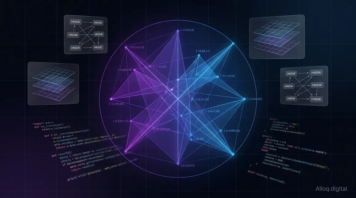 Vektordatenbank Guide: hochdimensionaler Vektorraum mit HNSW-Graphstruktur und Embedding-Punkten