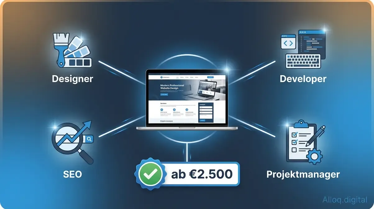 Webagentur-Team mit Designer, Entwickler, SEO und Projektmanager für professionelle Website-Projekte ab €2.500