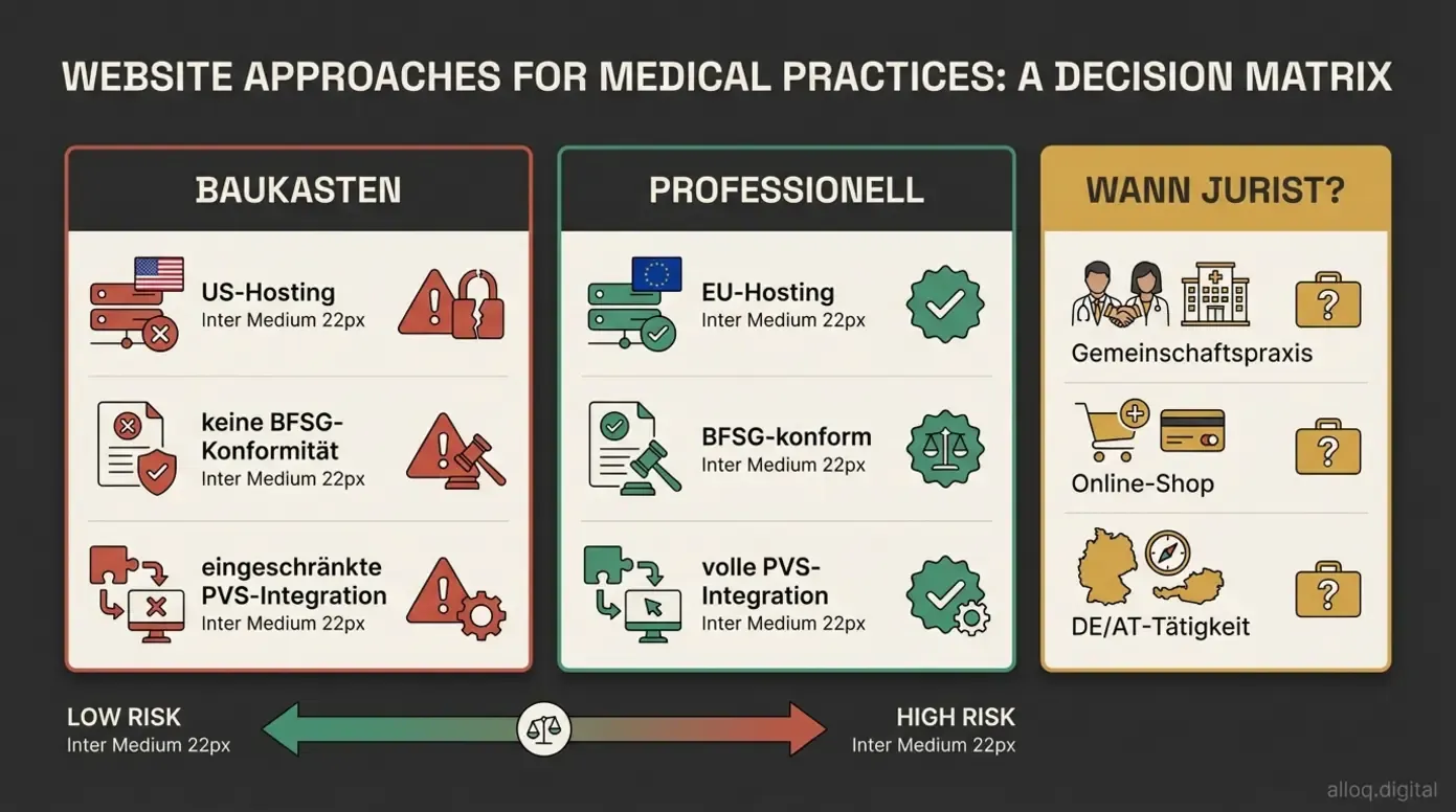 Entscheidungsmatrix Baukasten vs. professionelles Webdesign mit juristischen Trigger-Szenarien