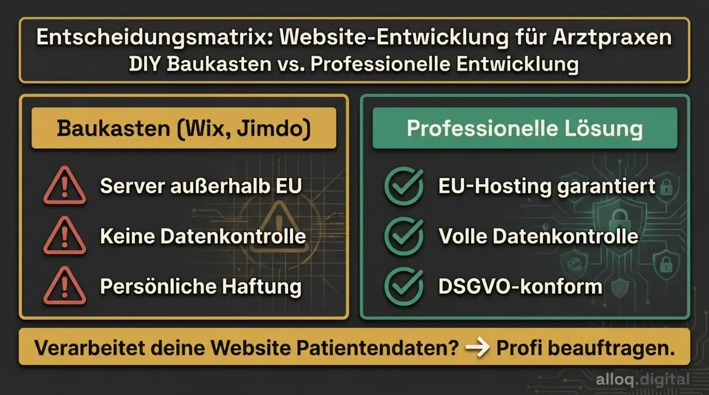 Entscheidungsmatrix: Baukasten-Website versus professionelle Lösung für Arztpraxen mit Risiko- und Vorteilsübersicht