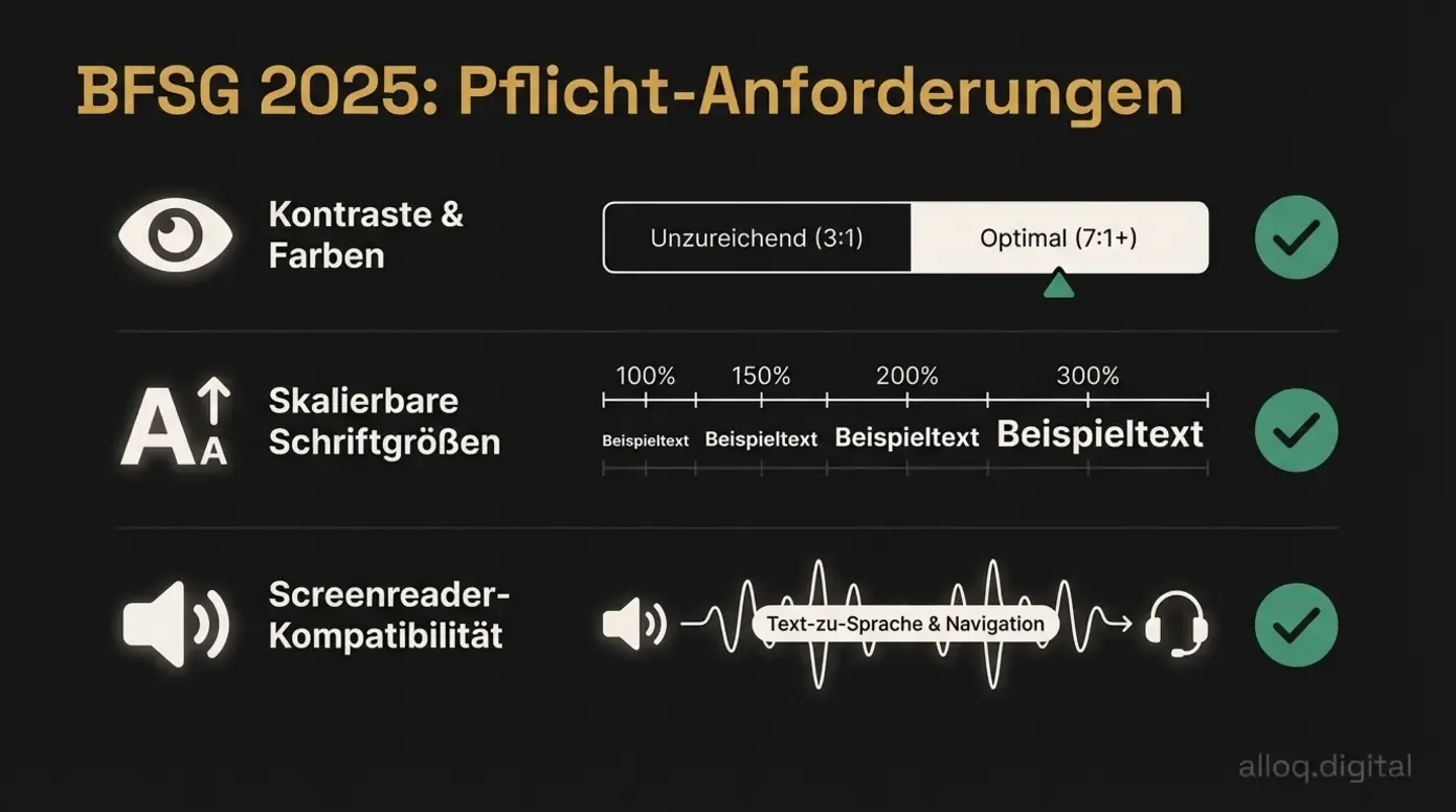 BFSG-Checkliste mit drei Pflichtanforderungen für barrierefreie Arztpraxis-Websites: Kontraste, Schriftgrößen, Screenreader