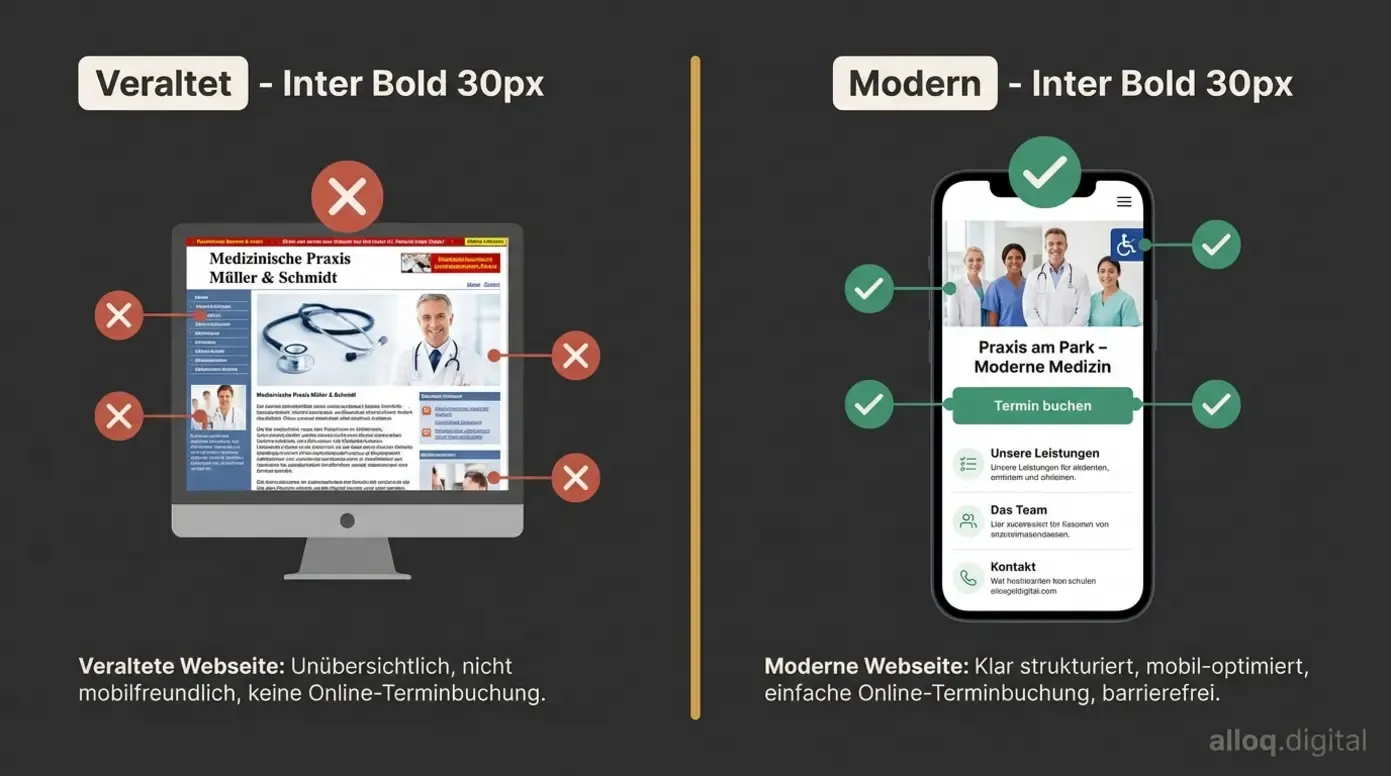 Vergleich zwischen veralteter und moderner Arztpraxis-Website mit Bewertungsindikatoren für Design-Qualität