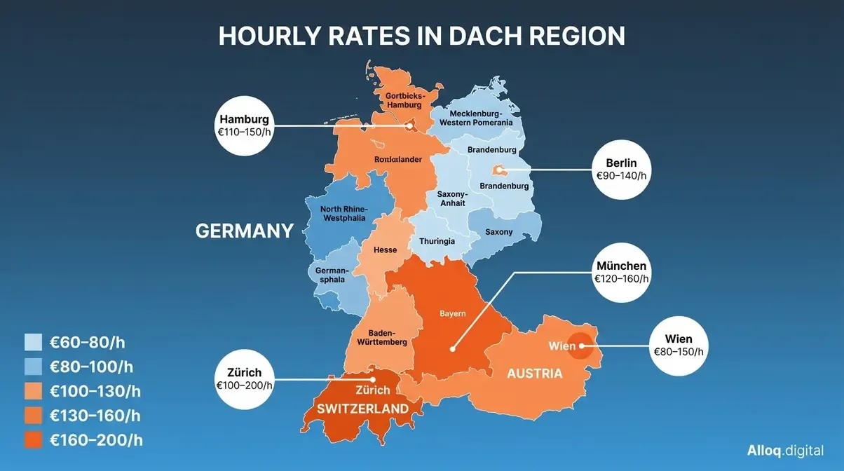 Karte der DACH-Region zeigt durchschnittliche Webdesign-Agenturpreise nach Bundesland und Land farblich