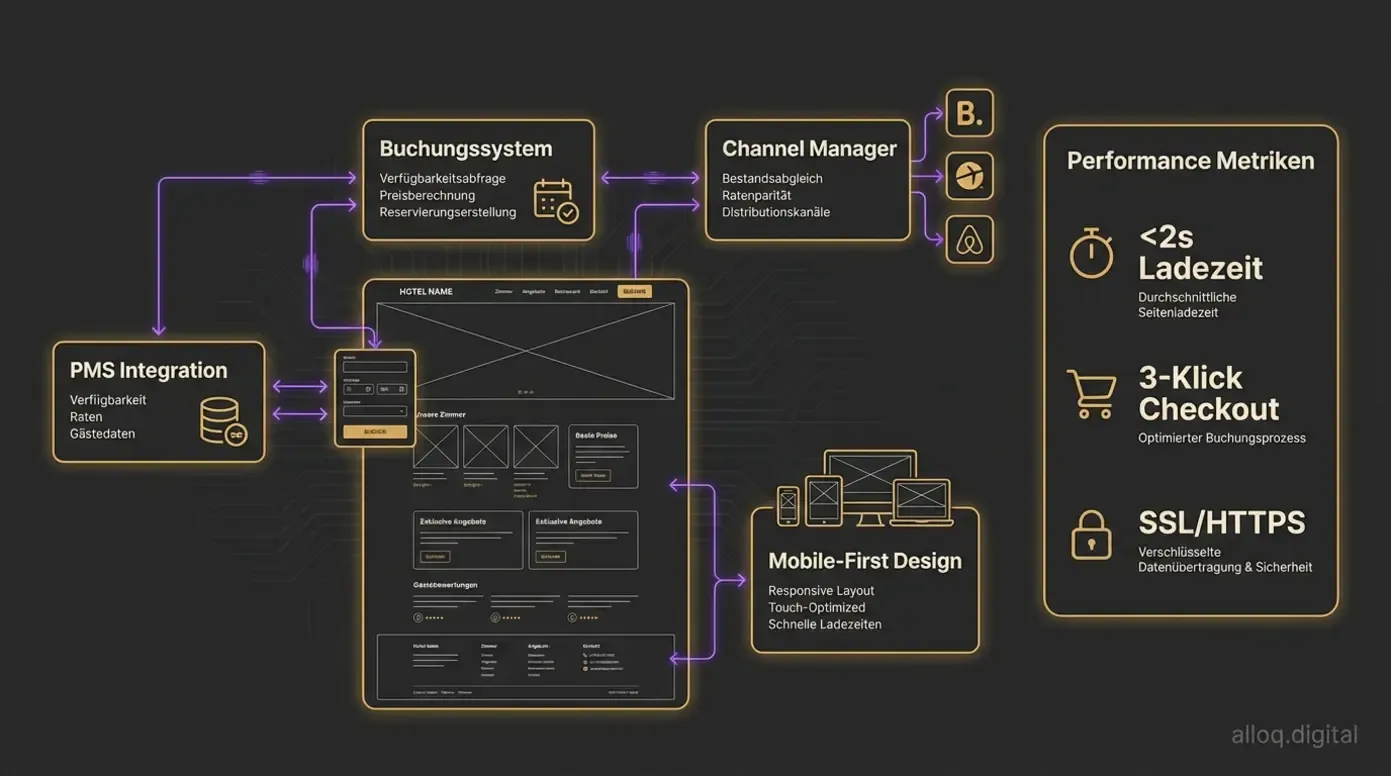 Technische Architektur einer Hotel-Website: Buchungssystem, PMS, Channel Manager und Performance-Metriken