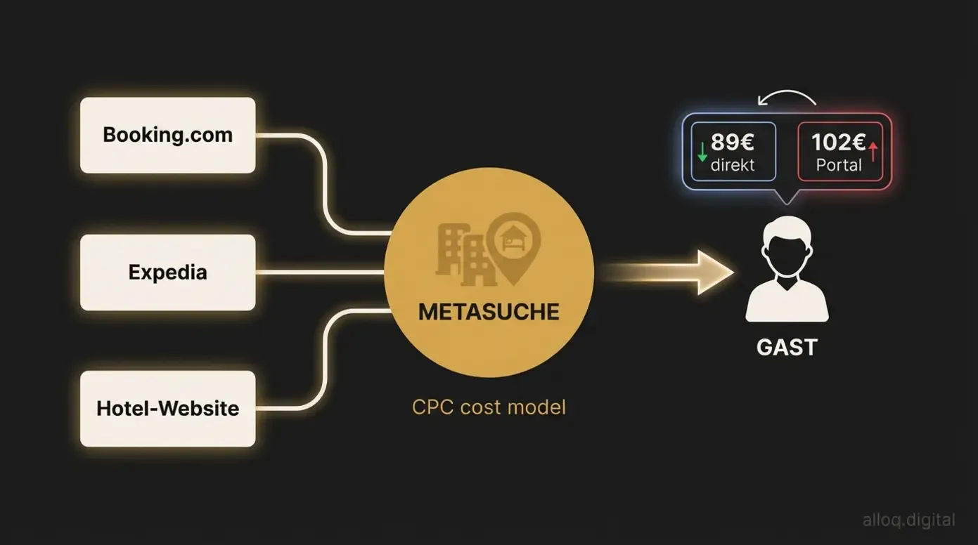 Flussdiagramm: Wie Metasuchmaschinen Preise von Portalen und Hotel-Websites aggregieren und vergleichen