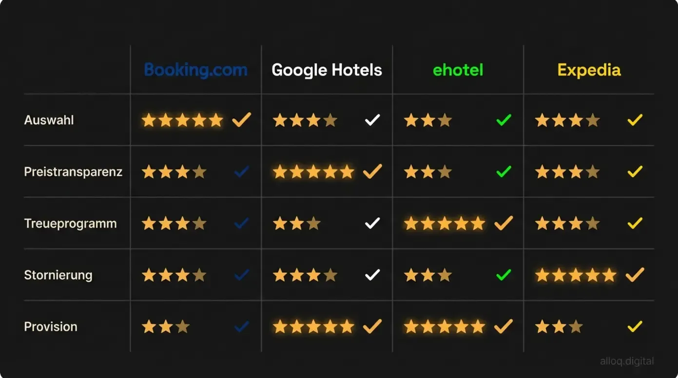 Vergleichstabelle: Booking.com, Google Hotels, ehotel und Expedia nach fünf Kriterien bewertet
