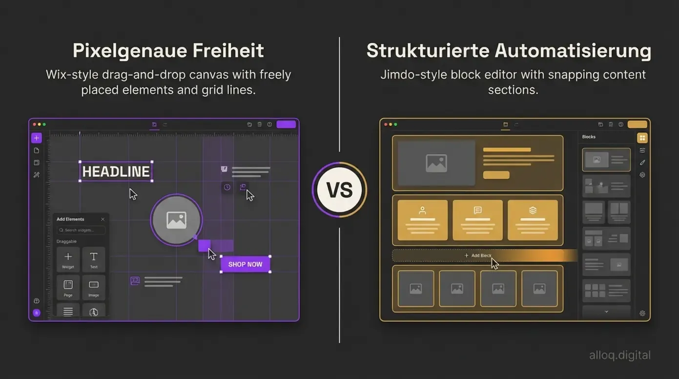 Split-Screen-Vergleich zwischen pixelgenauem Drag-and-Drop-Editor und strukturiertem Block-Editor