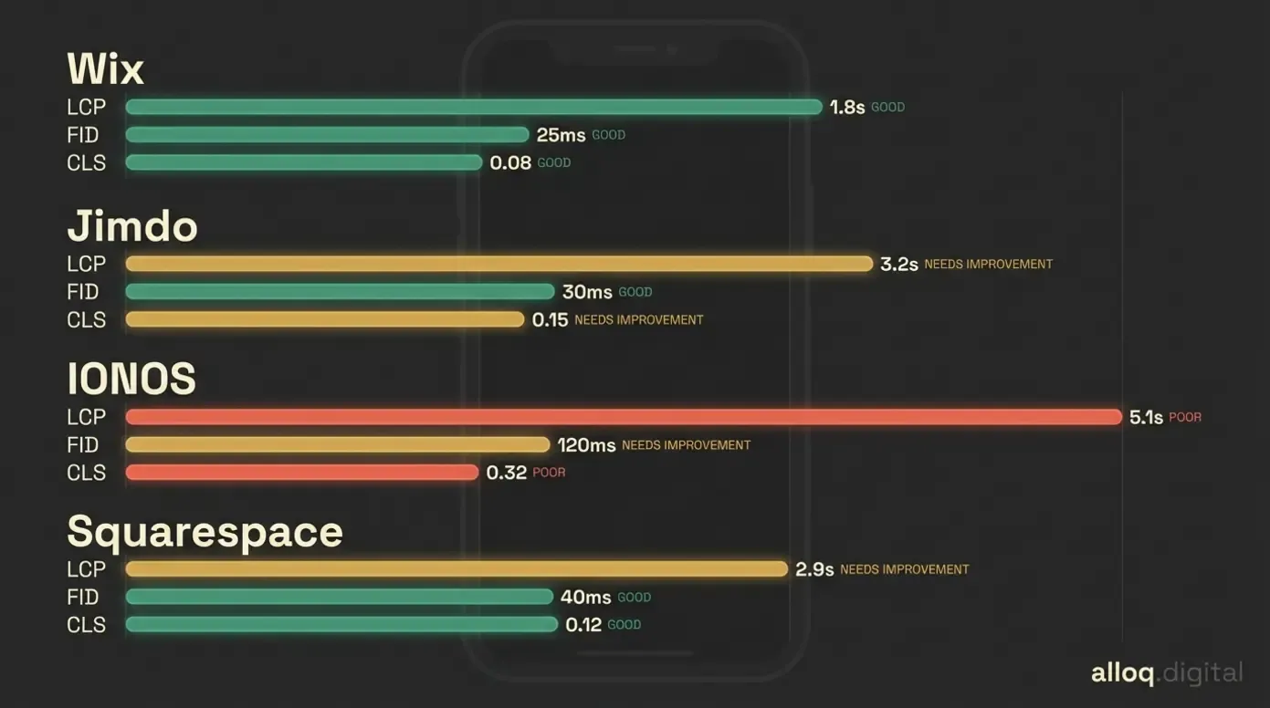 Core-Web-Vitals-Balkendiagramm vergleicht Ladezeit-Performance von Wix, Jimdo, IONOS und Squarespace
