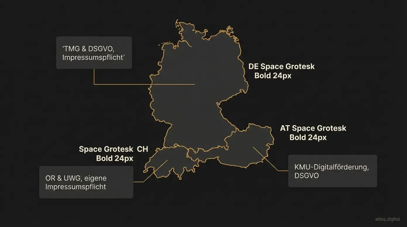 DACH-Karte mit länderspezifischen Rechtsanforderungen für Deutschland, Österreich und die Schweiz