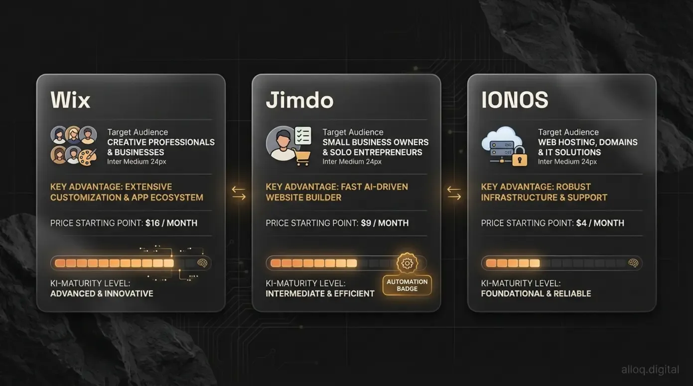 Drei Anbieter-Karten zeigen Wix, Jimdo und IONOS mit Zielgruppe, Hauptvorteil und KI-Reifegrad