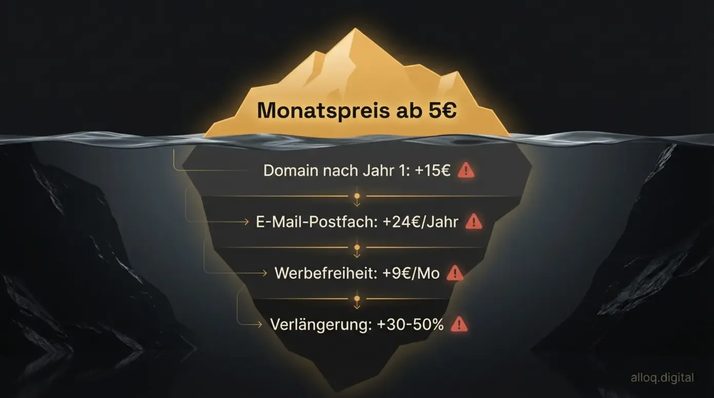 Eisberg-Grafik zeigt sichtbare Monatspreise oben und versteckte Zusatzkosten unterhalb der Oberfläche