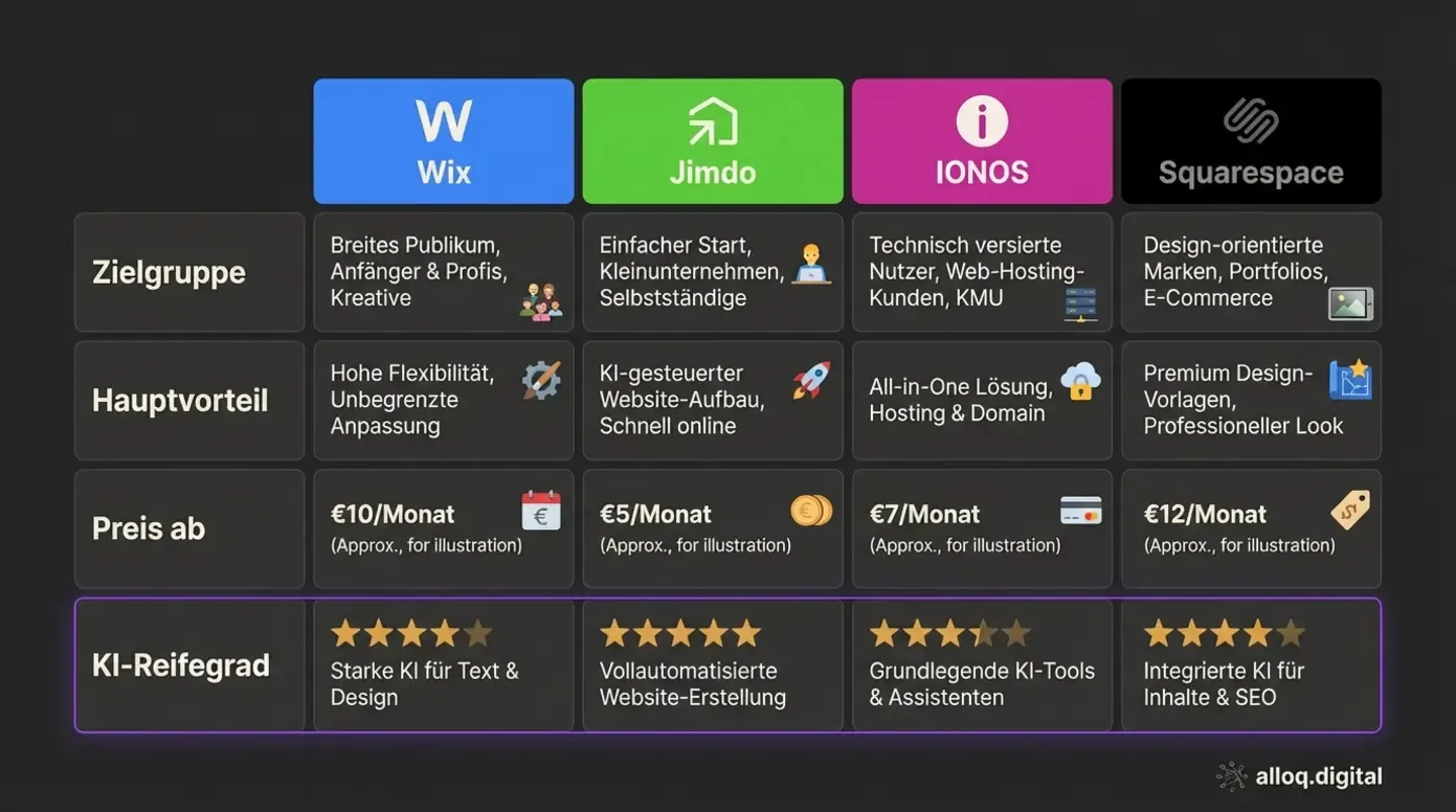 Vergleichsmatrix der vier führenden Website-Baukästen mit Bewertungen zu Zielgruppe, Preis und KI-Reifegrad