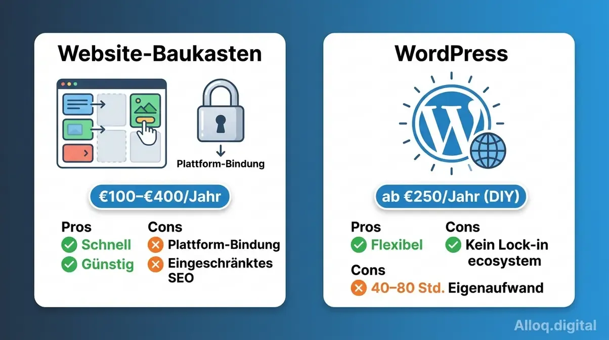 Vergleich Website-Baukasten und WordPress mit Kosten, Vor- und Nachteilen für kleine Unternehmen