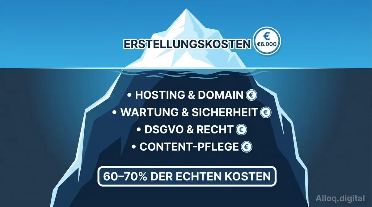 Website-Eisberg-Grafik zeigt sichtbare Erstellungskosten über und versteckte laufende Kosten unter der Wasseroberfläche