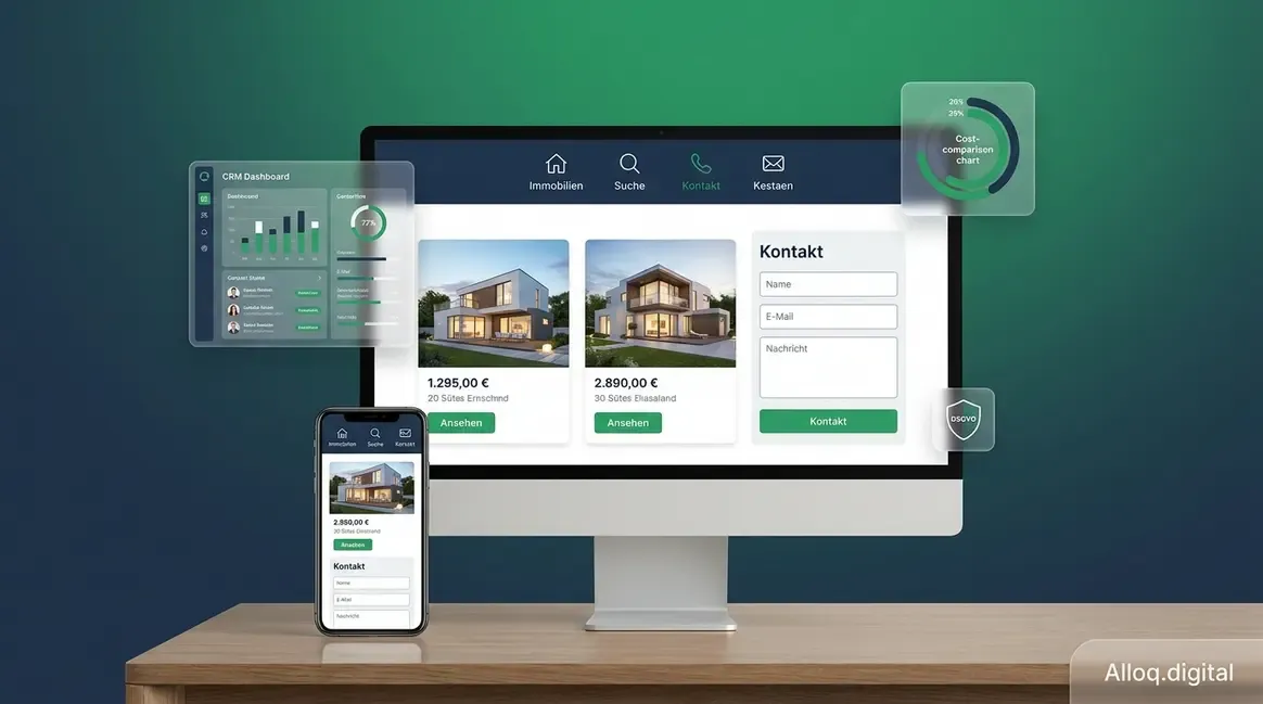 Professionelle Website für Immobilienmakler auf Desktop und Smartphone mit CRM-Dashboard-Elementen