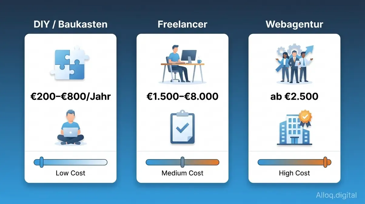 Drei Wege zur Website im Kostenvergleich: Baukasten, Freelancer und Webagentur mit Preisrahmen