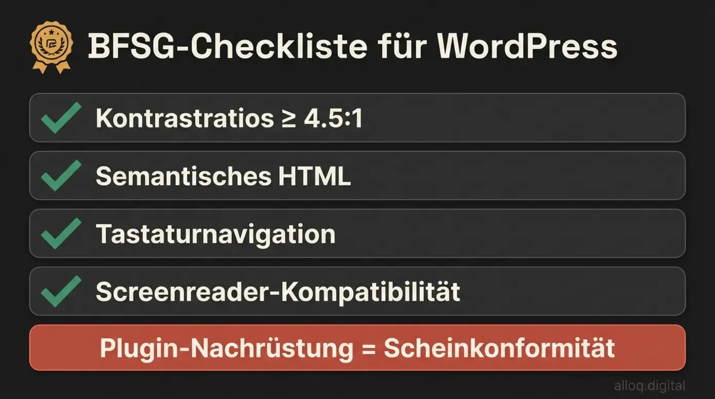BFSG-Barrierefreiheits-Checkliste für WordPress mit vier Pflichtkriterien und Warnung