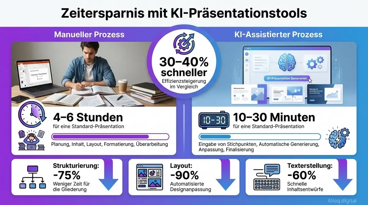 Infografik Zeitersparnis KI-Präsentation erstellen im Vergleich zum manuellen Prozess