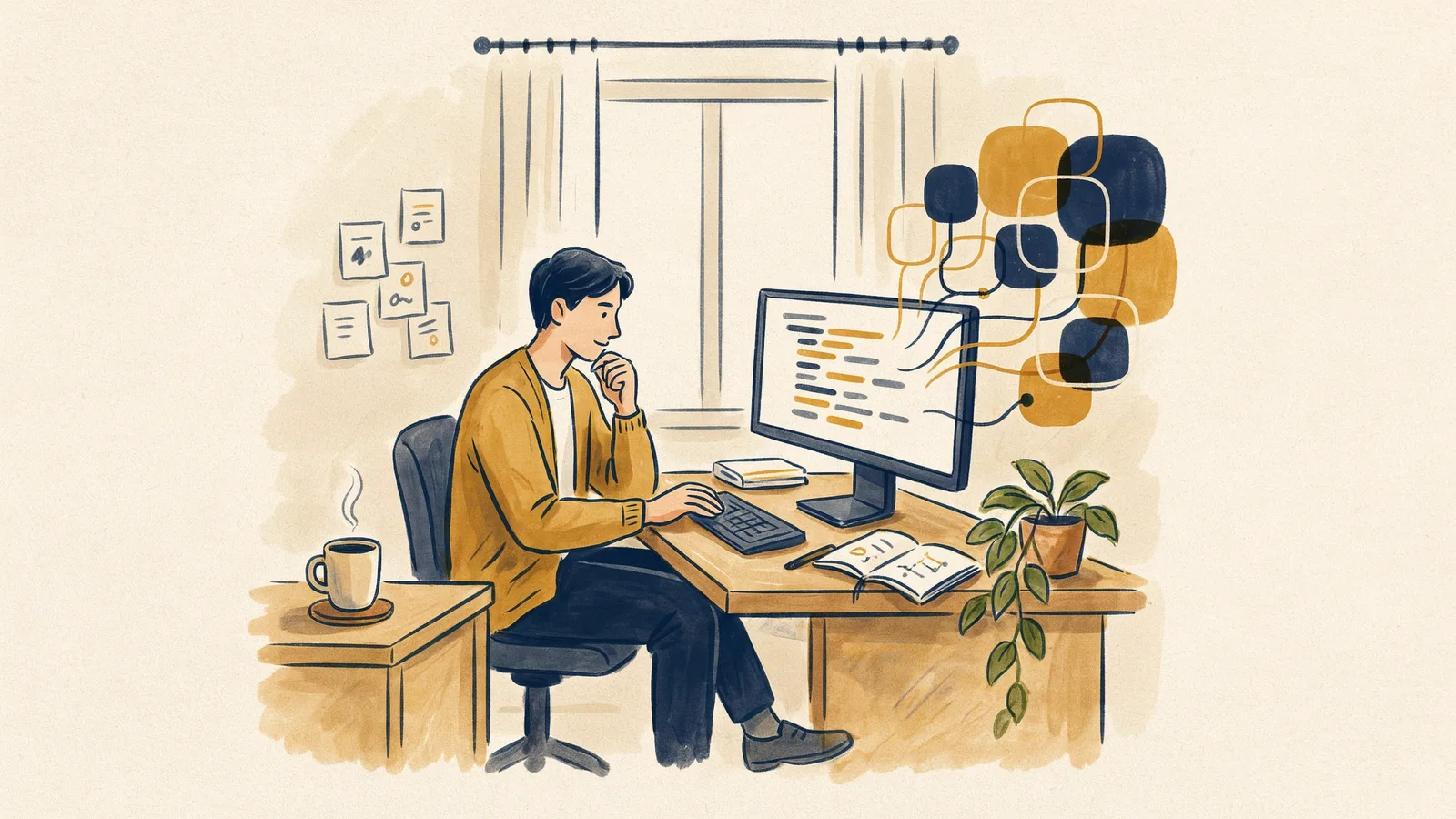 Illustration of a coding ai agent drafting code while a human engineer reviews and approves the merge