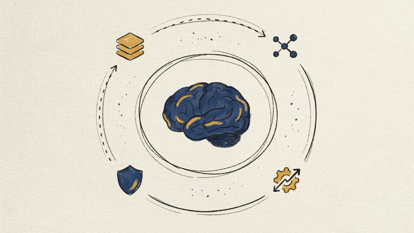 Diagram-style illustration showing an AI agent as a full system with a reasoning core surrounded by memory, tools, and guardrails