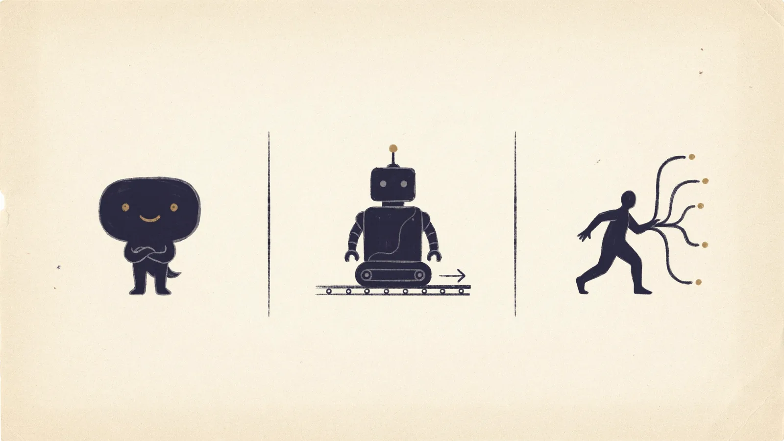 Illustration contrasting a reactive chatbot, a rule-based automation robot, and a goal-driven adaptive AI agent