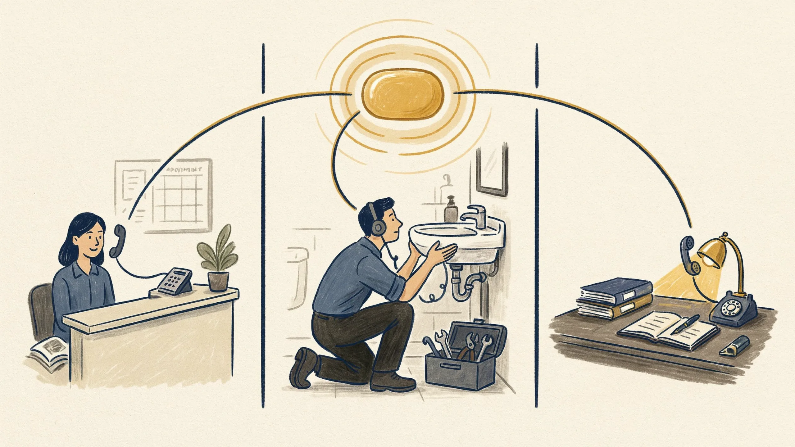 Illustration showing an AI receptionist handling calls for a dentist, a plumber and a law firm