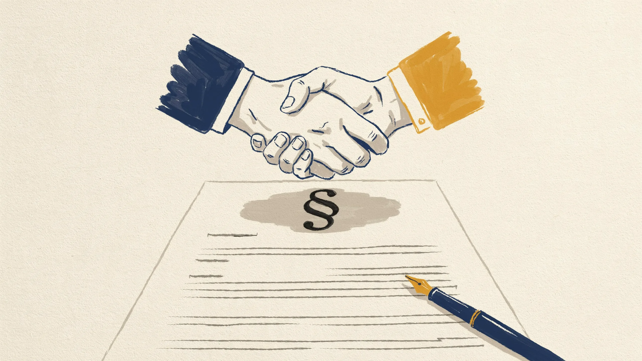 Illustration eines Handschlags über einem Angebotsdokument als Symbol für den rechtlich bindenden Vertragsabschluss beim Angebot schreiben