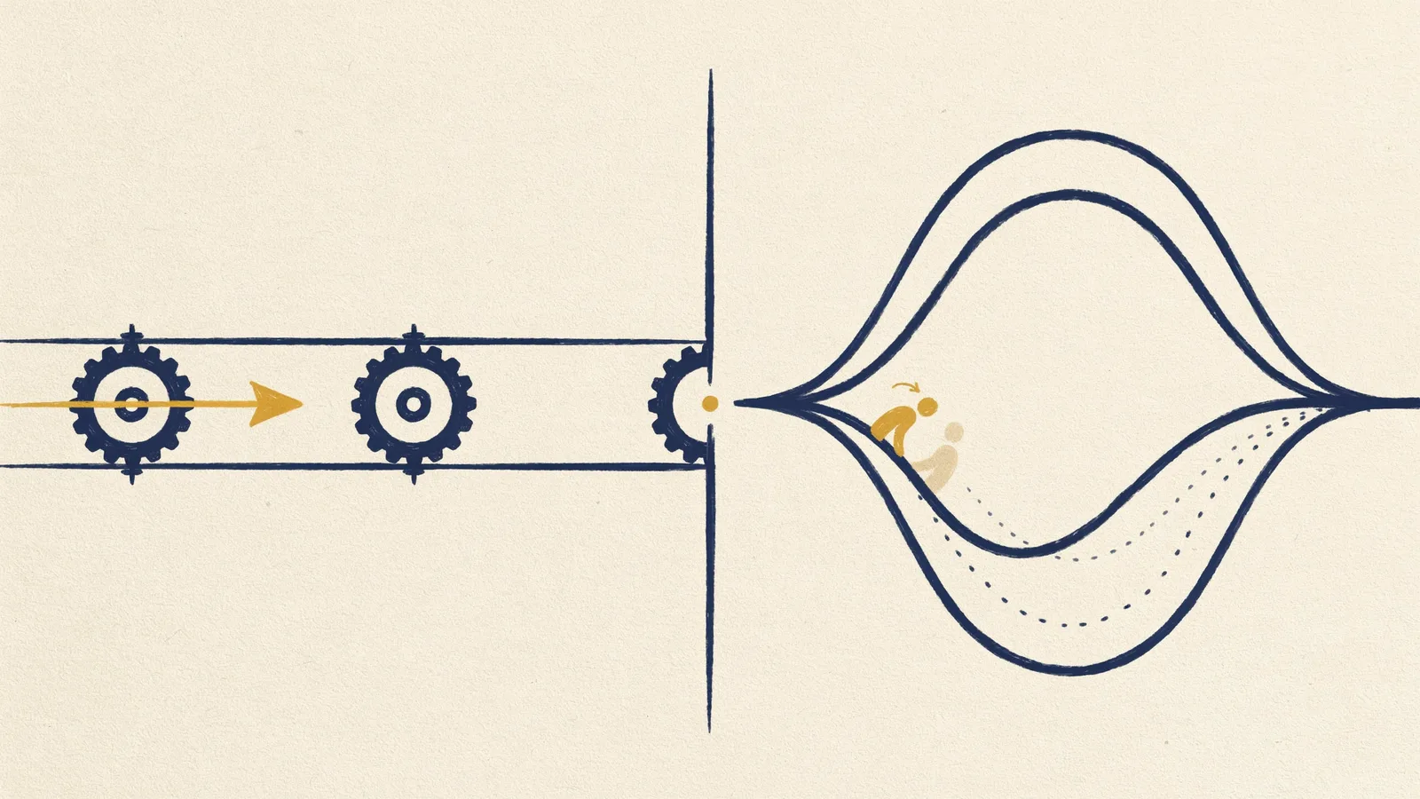 Illustration comparing a fixed scripted automation path with an adaptive autonomous AI agent decision loop
