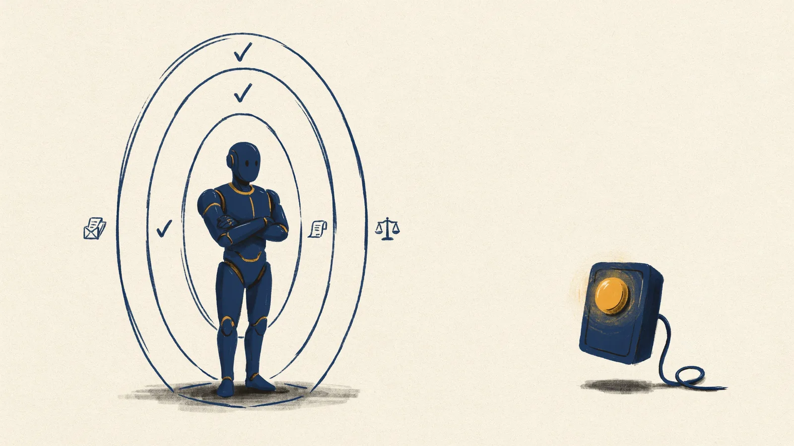 Illustration of safety guardrails and an independent kill switch controlling autonomous AI agents