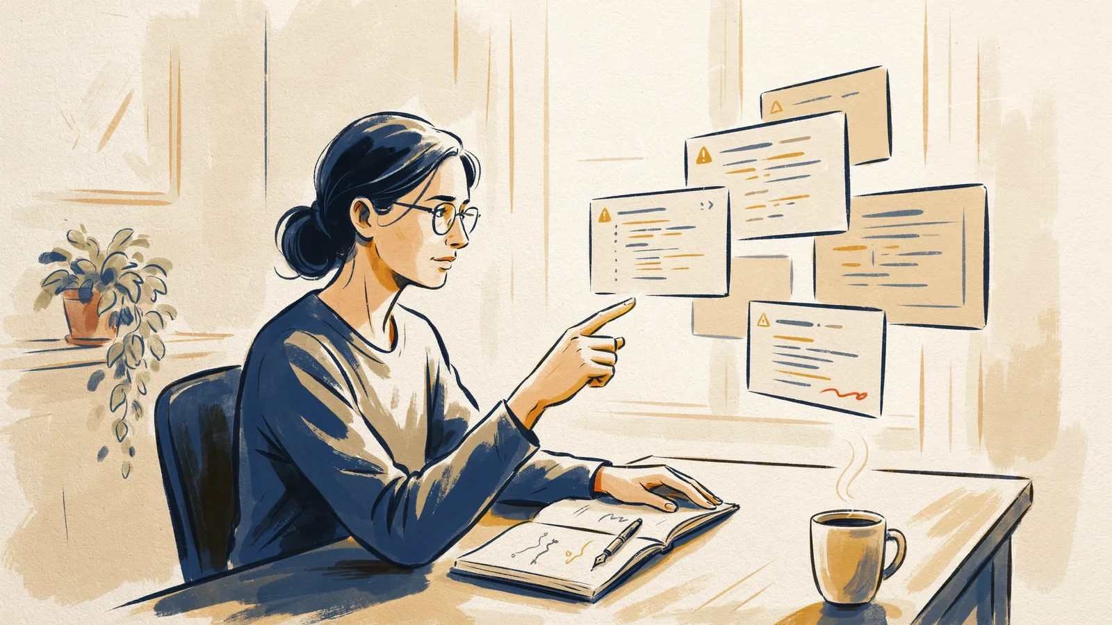 Illustration of a senior developer reviewing AI-generated pull requests to catch mistakes