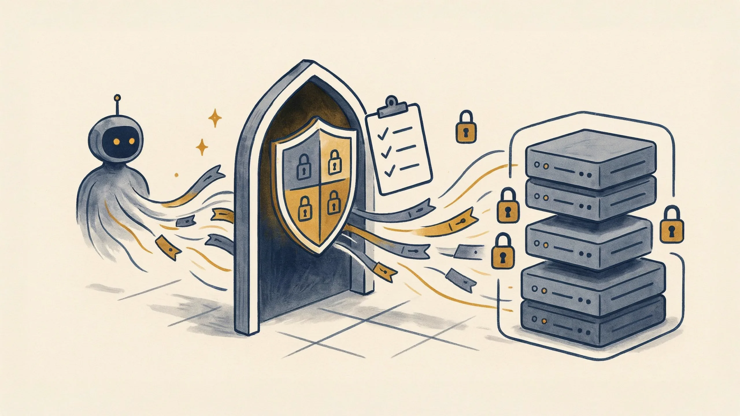 Illustration of a security checklist gate protecting an AI agent's access to MCP server tools
