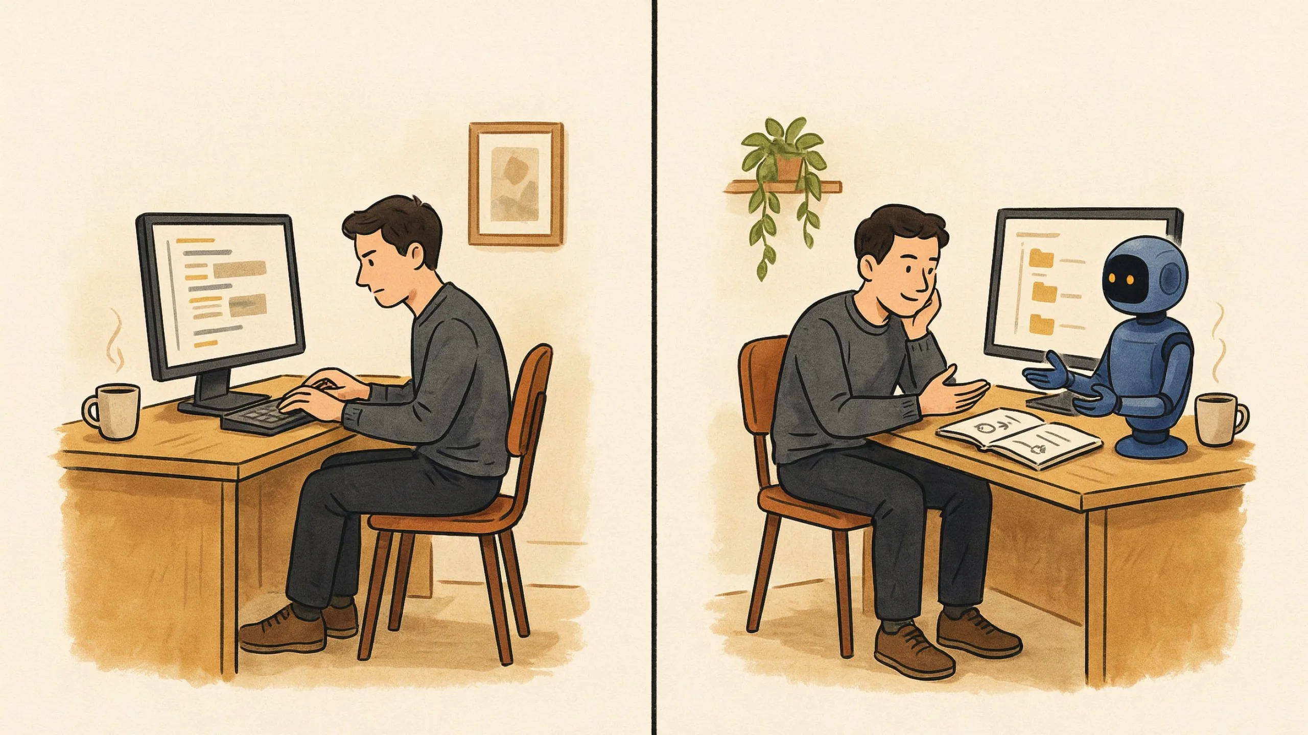 Illustration of two developer workflows: fast inline editing versus delegating tasks to an autonomous coding agent