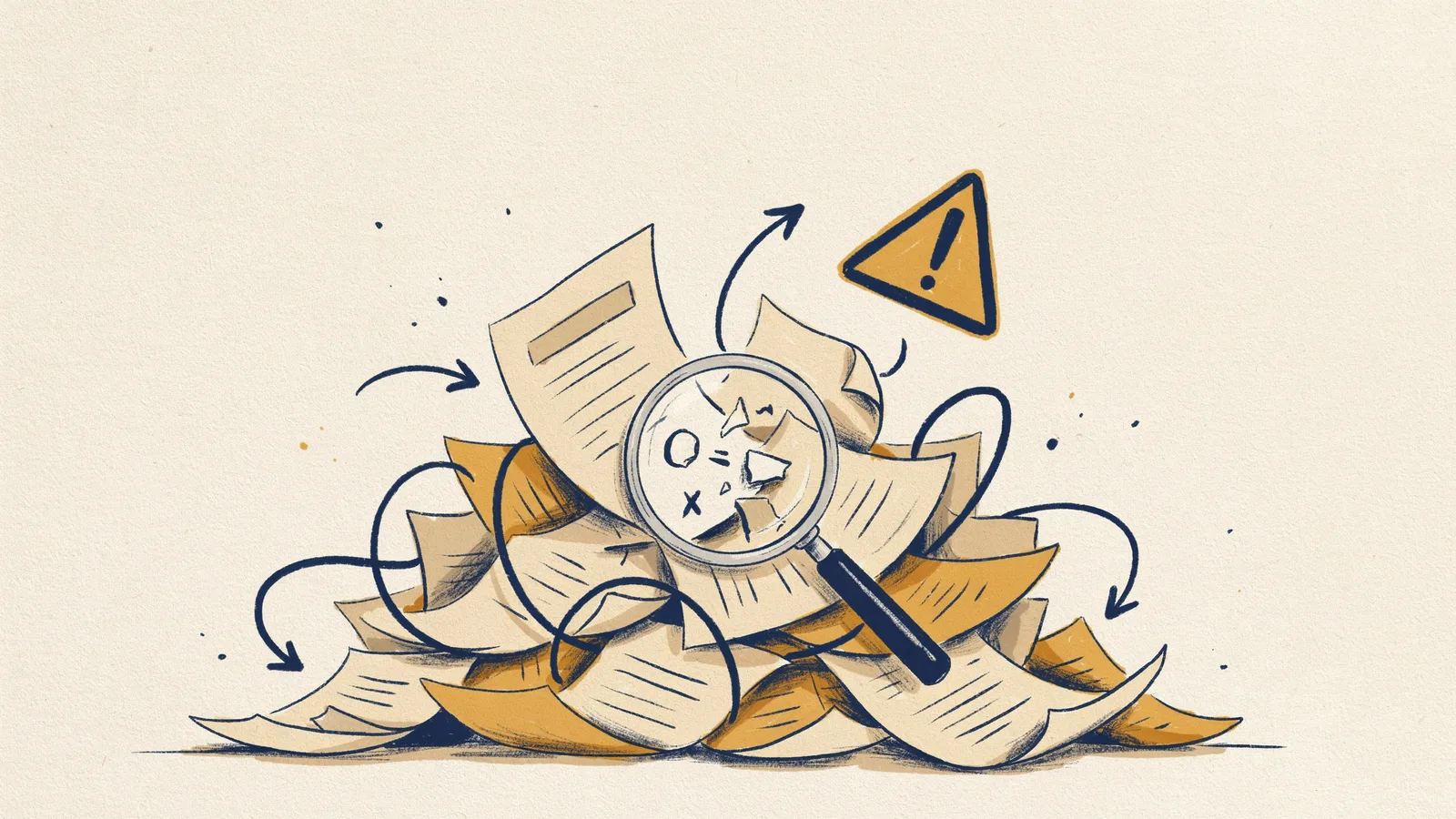 Illustration zu den Risiken von Excel: viele Dateiversionen und fehlerhafte Formeln als Symbol für Chaos