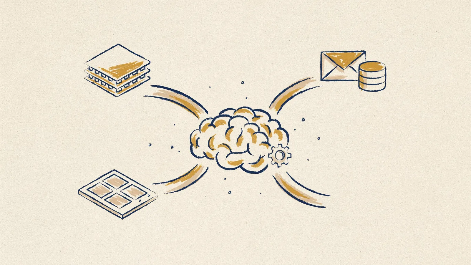 Illustration der vier Komponenten eines KI-Agenten in n8n: Chat Model, Memory, Tools und Output Parser als verbundene Bausteine