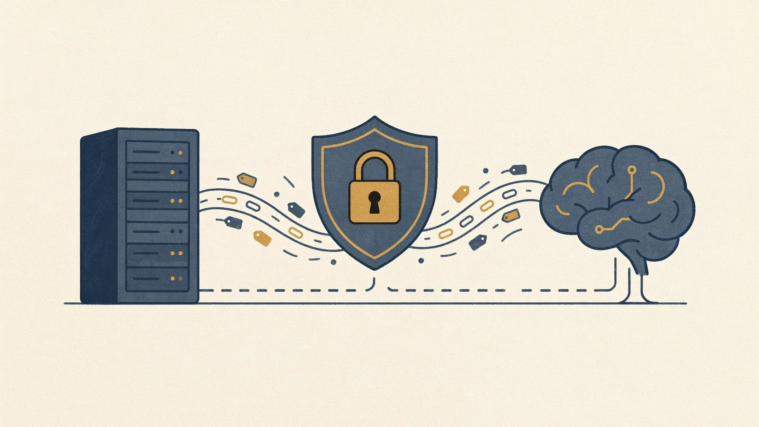 Illustration zum Datenschutz bei der KI-Angebotserstellung: Kundendaten fließen geschützt durch einen kontrollierten Workflow
